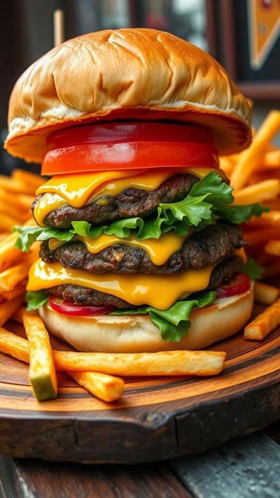 A vibrant 7th Street Burger with beef patty, melted cheese, lettuce, and tomato on a bun, served with fries.